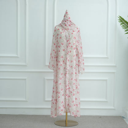 Printed Hijab Set with Double Layer Chiffon Open Cardigan