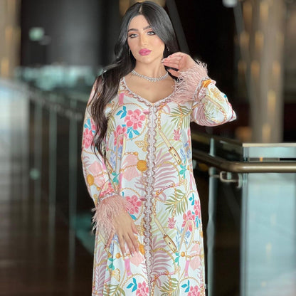 Hot Diamond Ostrich Feather Patchwork Printed Dress