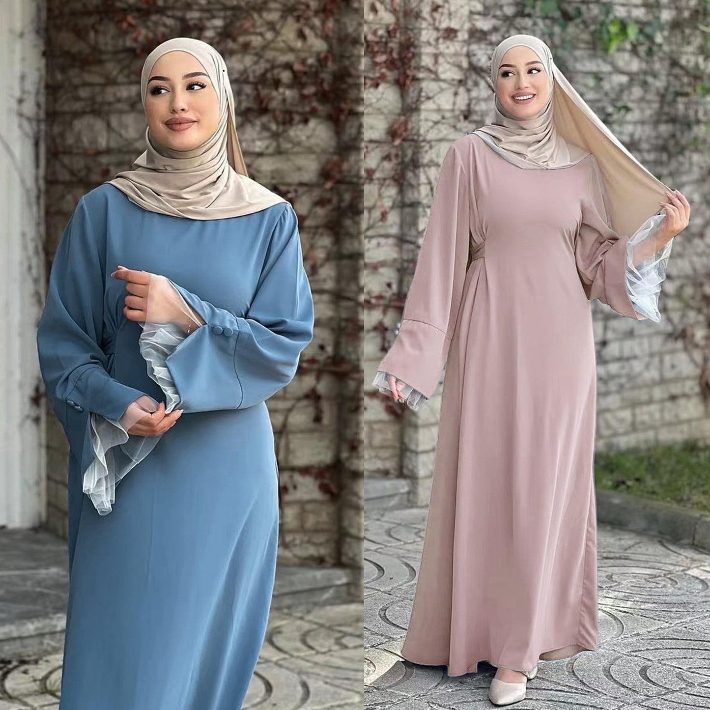 Lace Trim Maxi Dress with Waist Belt Modest Abaya Style
