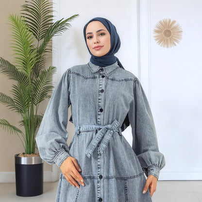 Denim Patchwork Lantern Sleeve Modest Midi Dress