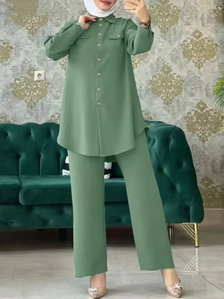 Plain Long-sleeved Shirt and Trousers Two-piece Sets