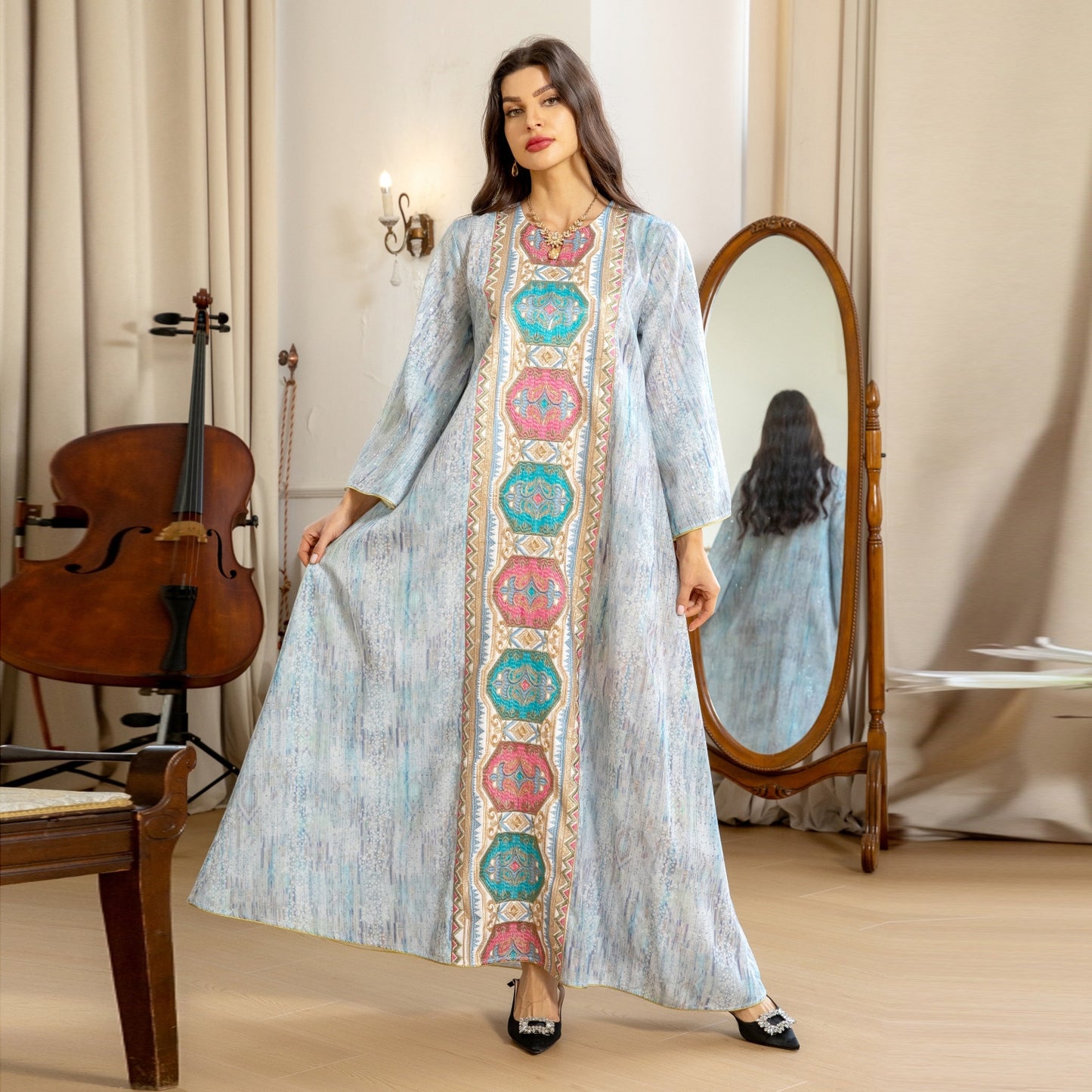 Women's Printed Beaded Embroidered Pullover Dress