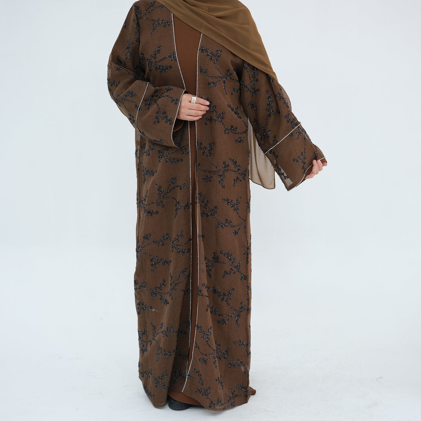 Full Embroidered Open Abaya with Inner Dress Elegant Modest Style