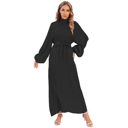 Satin Long Sleeve Maxi Dress with Bow Belt and Lantern Sleeves