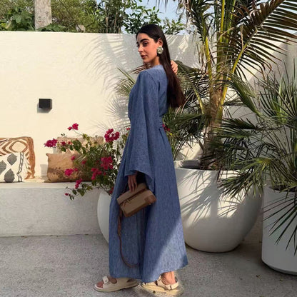 Elegant Belted Wide-Sleeve Maxi Dress for Women