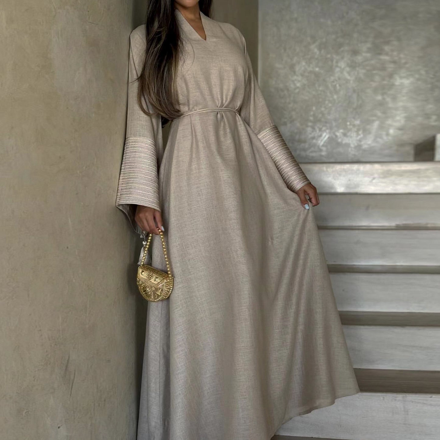 Modest V-neck Embroidery Elegant Abaya Dress