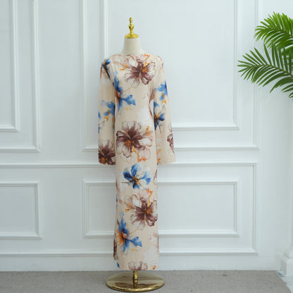 Floral Print Maxi Dress with Round Neck and Long Sleeves