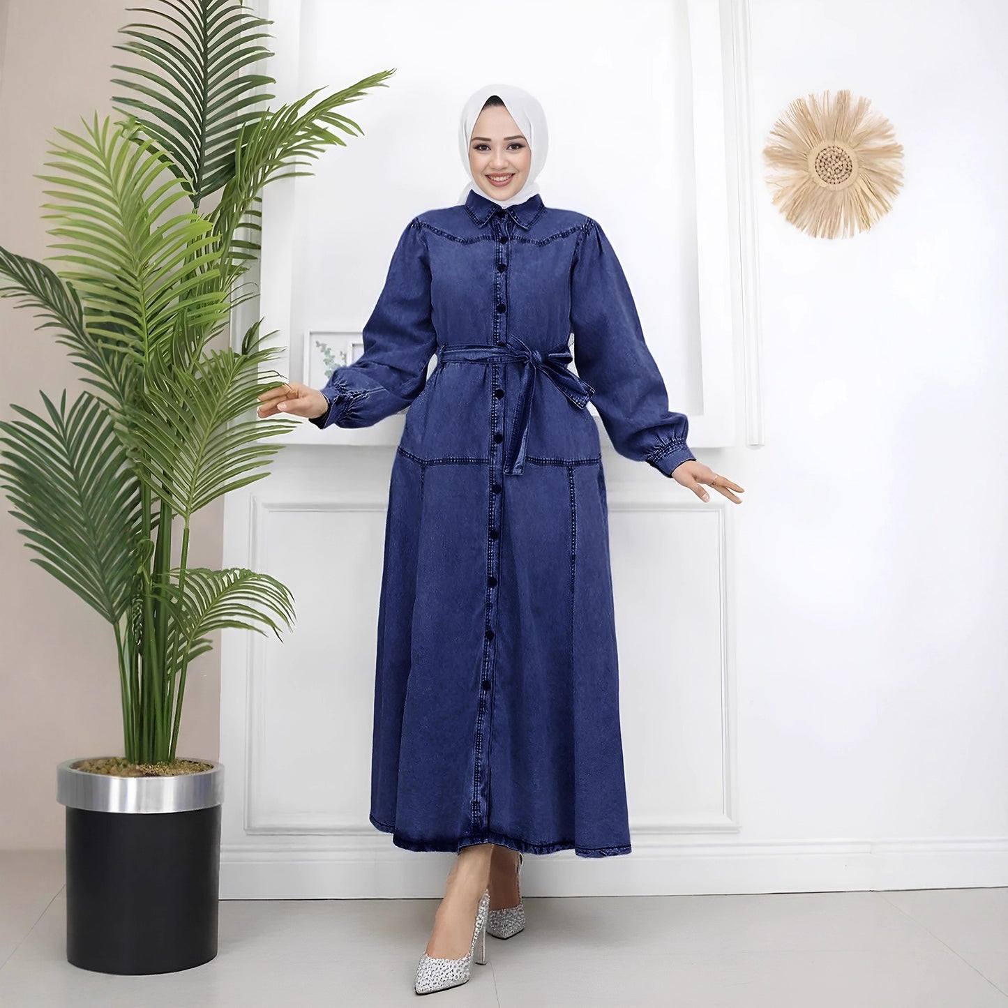 Denim Patchwork Lantern Sleeve Modest Midi Dress