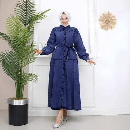 Denim Patchwork Lantern Sleeve Modest Midi Dress