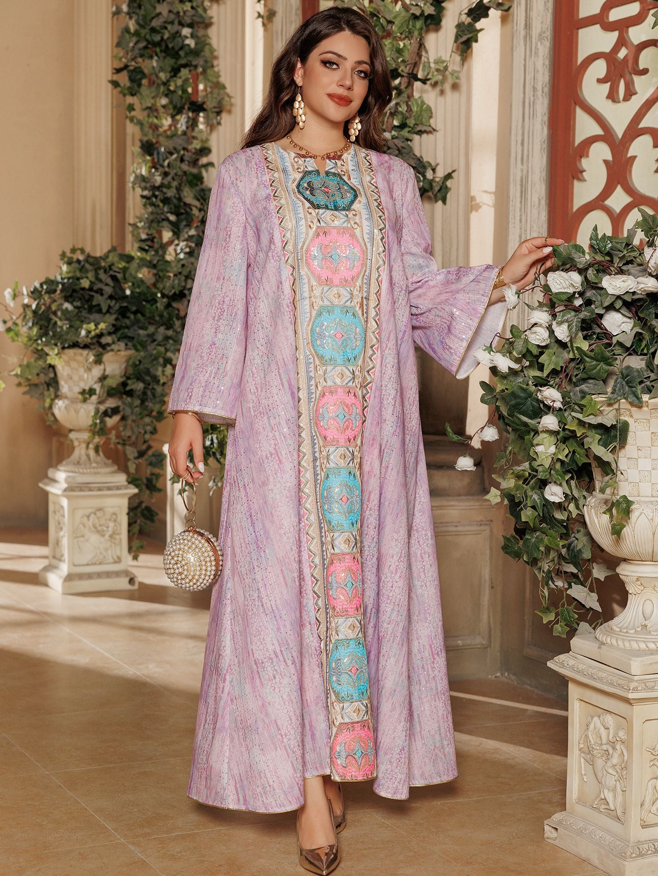 Women's Printed Beaded Embroidered Pullover Dress