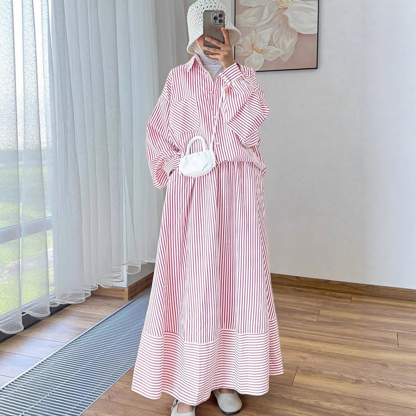 Striped Loose Fit Blouse and Maxi Skirt Modest Set