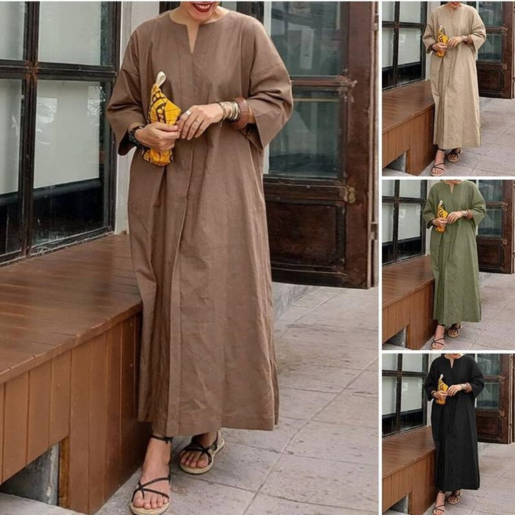 Solid Color Loose Casual Cotton and Linen Dress