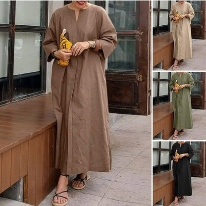 Solid Color Loose Casual Cotton and Linen Dress
