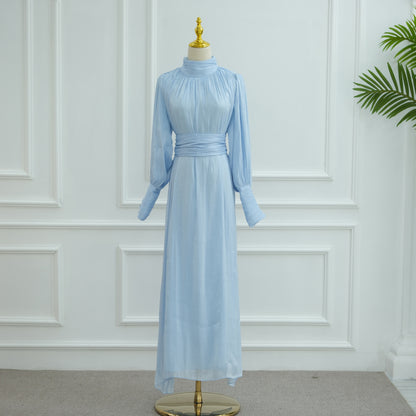 Elegant Pleated Satin Maxi Dress with Waist Belt