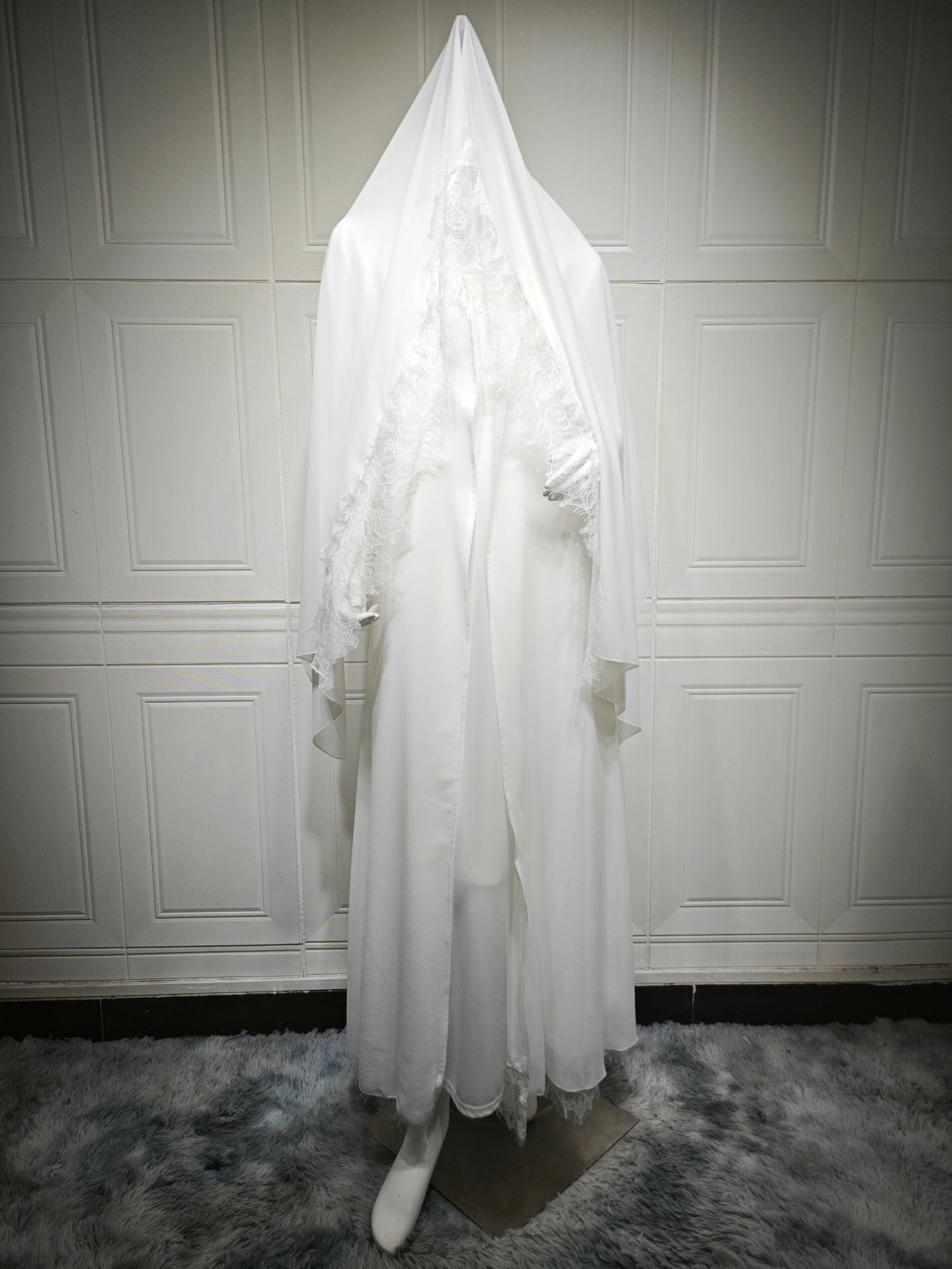 White Lace Trim Abaya with Matching Scarf Elegant Chiffon Robe