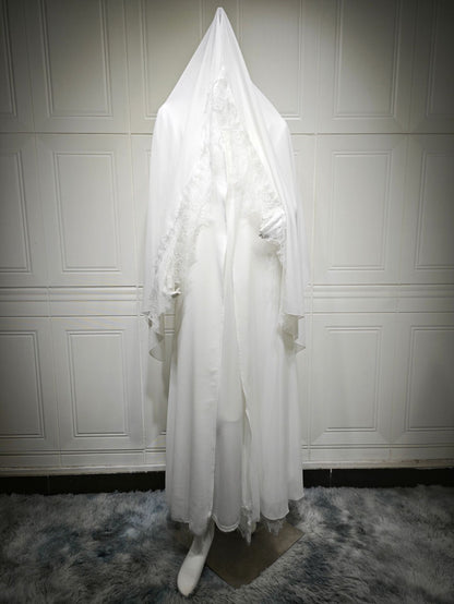 White Lace Trim Abaya with Matching Scarf Elegant Chiffon Robe