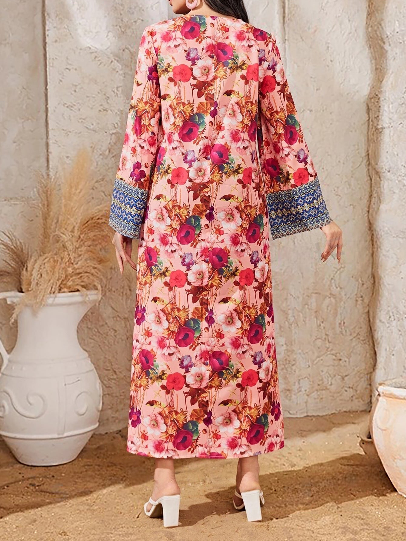 Women's Printed Color-block Flared Sleeve Dress