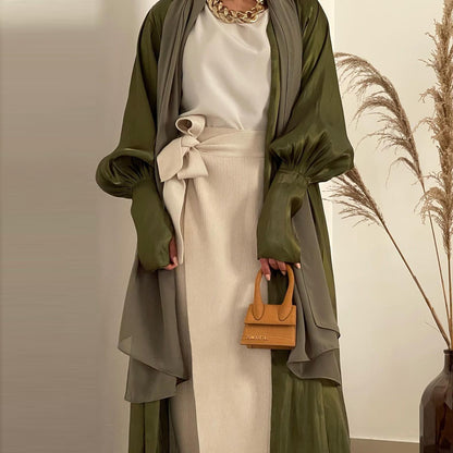 Plain Mushroom Button Satin Cardigan Robe
