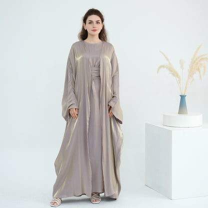 Elegant Solid Color Two Piece Abaya Set with Inner Dress