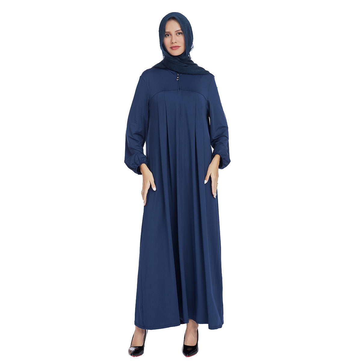 Stand Collar Maxi Dress with Pockets – Modest Long Sleeve Casual Abaya