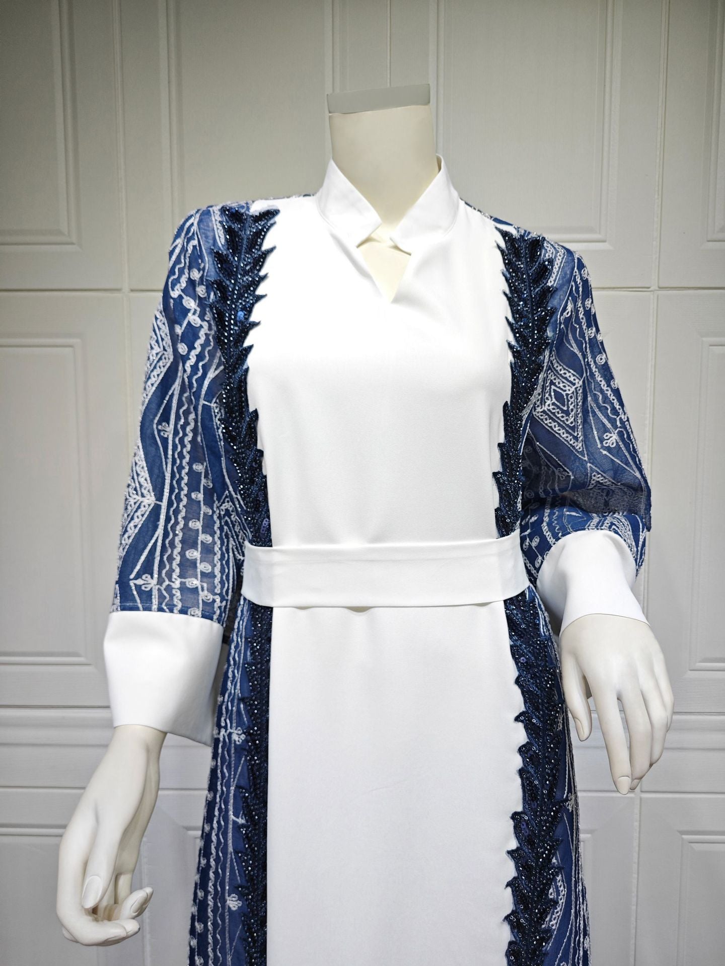 Colorblock Mesh Embroidered Beaded Muslim Dress