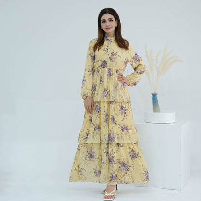 Floral Printed Islamic Modest Belted Tiered Maxi Dress