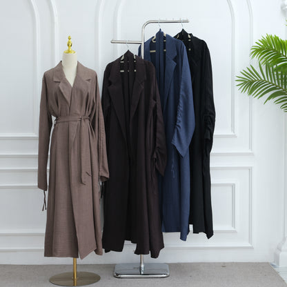 Elegant Blazer-Collar Abaya Cardigan with Ruched Sleeves