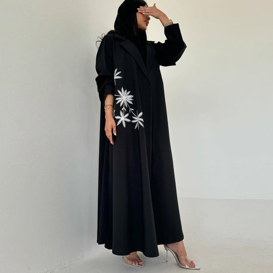 Women's Embroidered Suit Collar Abaya Coat Cardigan Robe