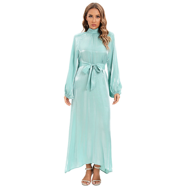 Satin Long Sleeve Maxi Dress with Bow Belt and Lantern Sleeves