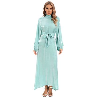 Satin Long Sleeve Maxi Dress with Bow Belt and Lantern Sleeves