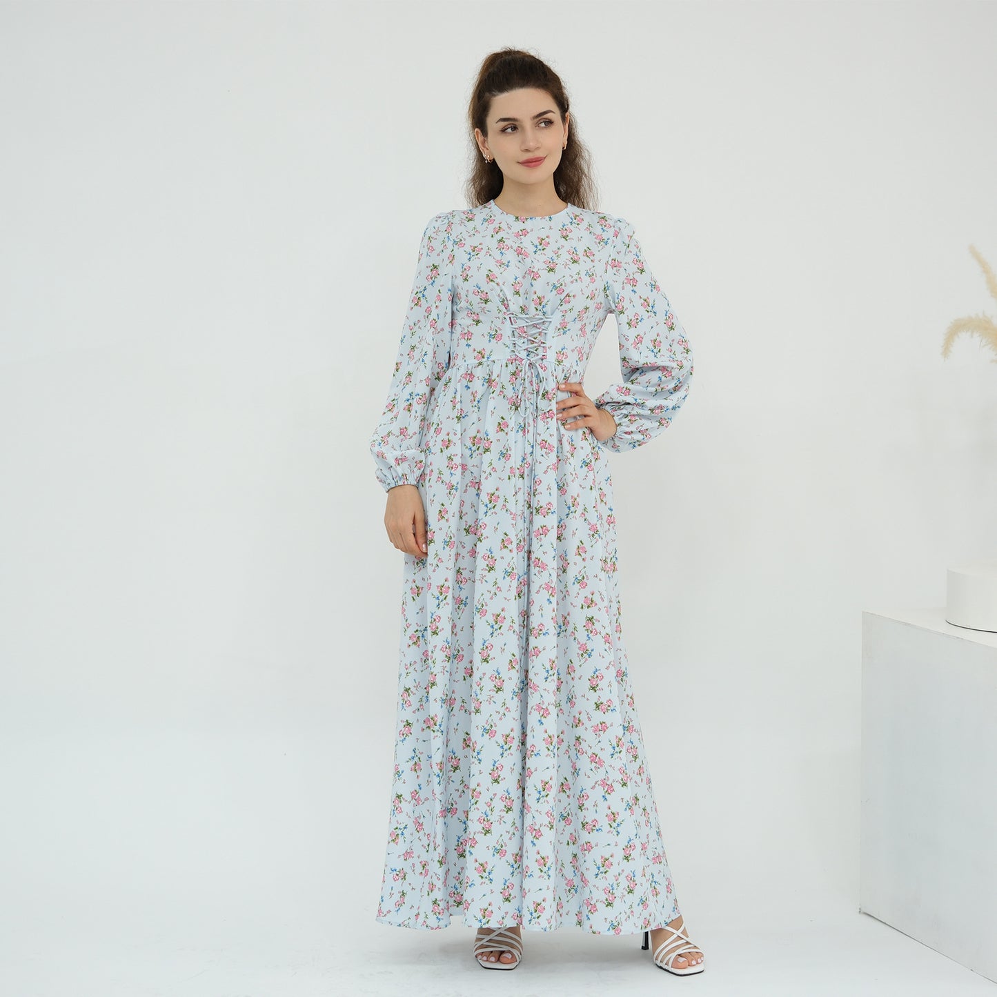 Floral Print Maxi Dress with Waist Tie Modest Long Sleeve