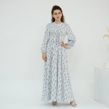 Floral Print Maxi Dress with Waist Tie Modest Long Sleeve