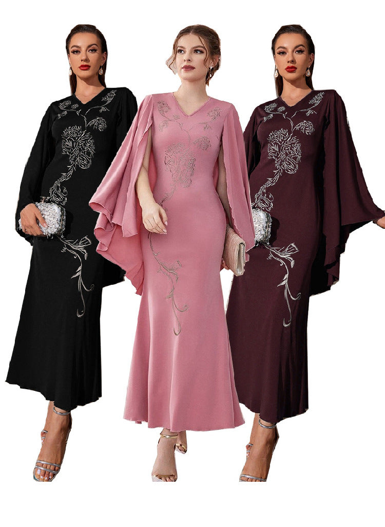 V-neck Bat Sleeve Party Embroidered Dress