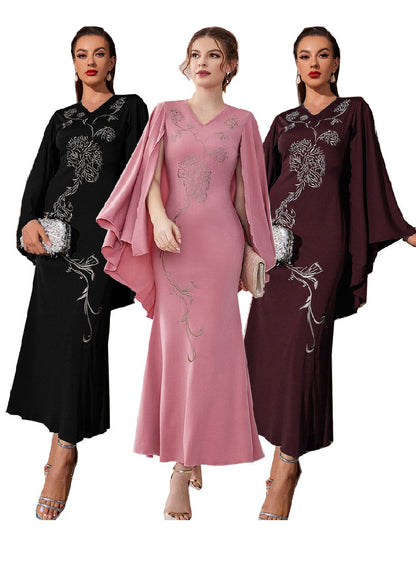 V-neck Bat Sleeve Party Embroidered Dress