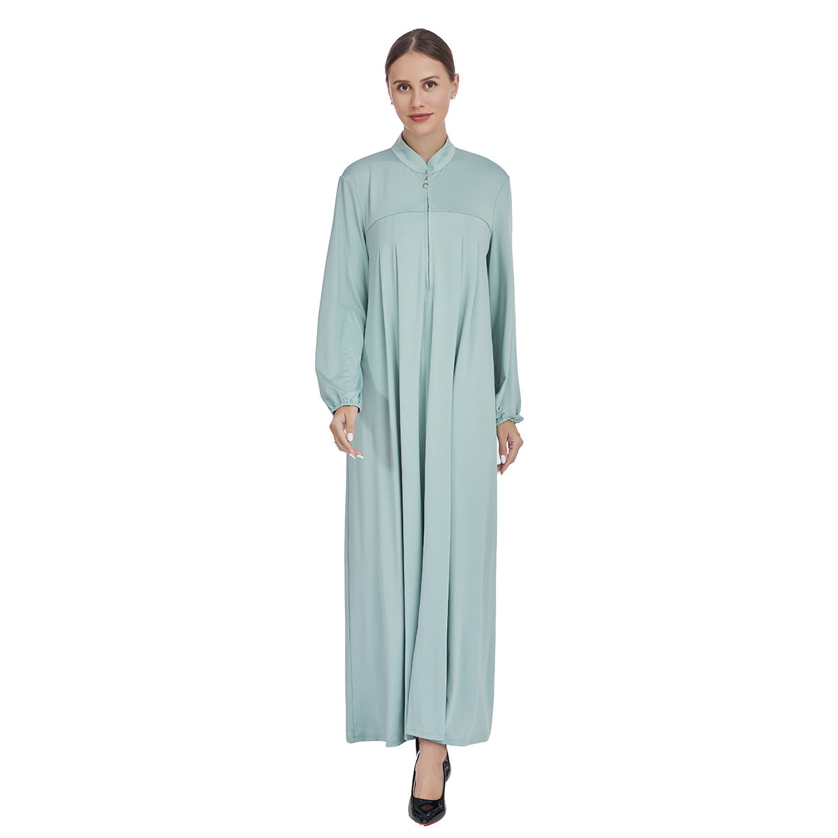 Stand Collar Maxi Dress with Pockets – Modest Long Sleeve Casual Abaya