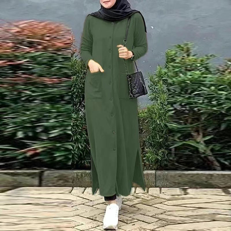 Women's Solid Color Shirt Dress Abaya with Pockets