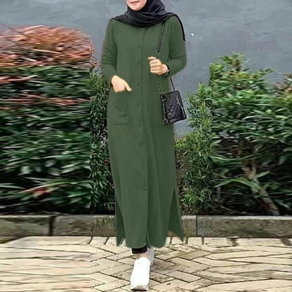 Women's Solid Color Shirt Dress Abaya with Pockets