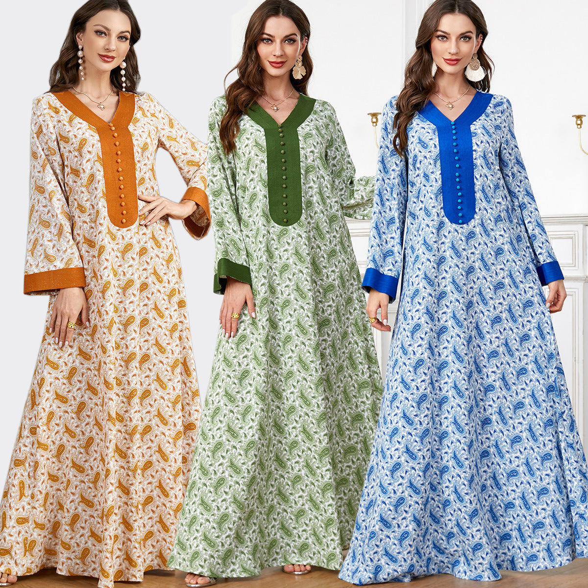 V-neck Panels Stud-buttoned Casual Abaya Dress