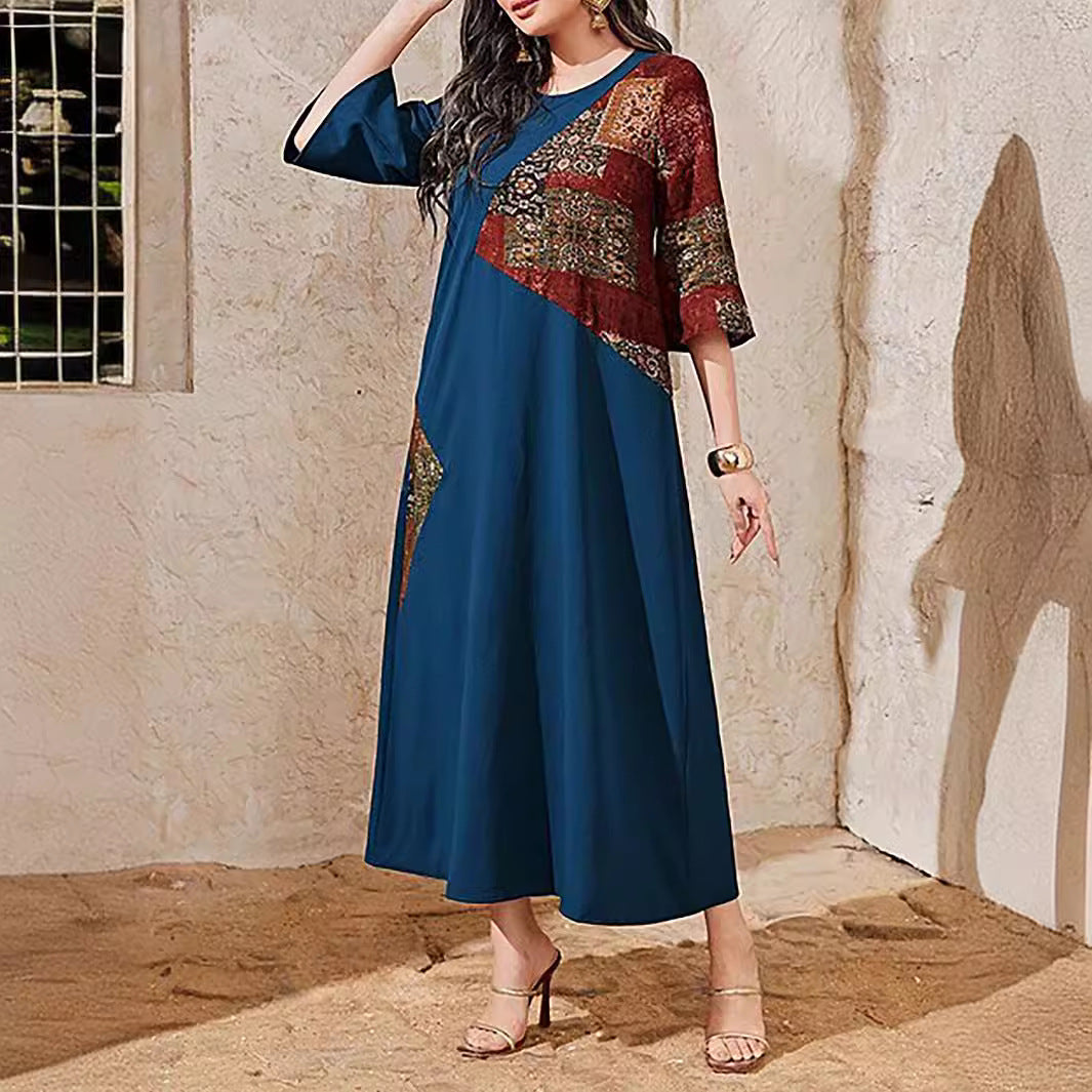 Women's Printed Patchwork Flared Sleeve Casual Dress