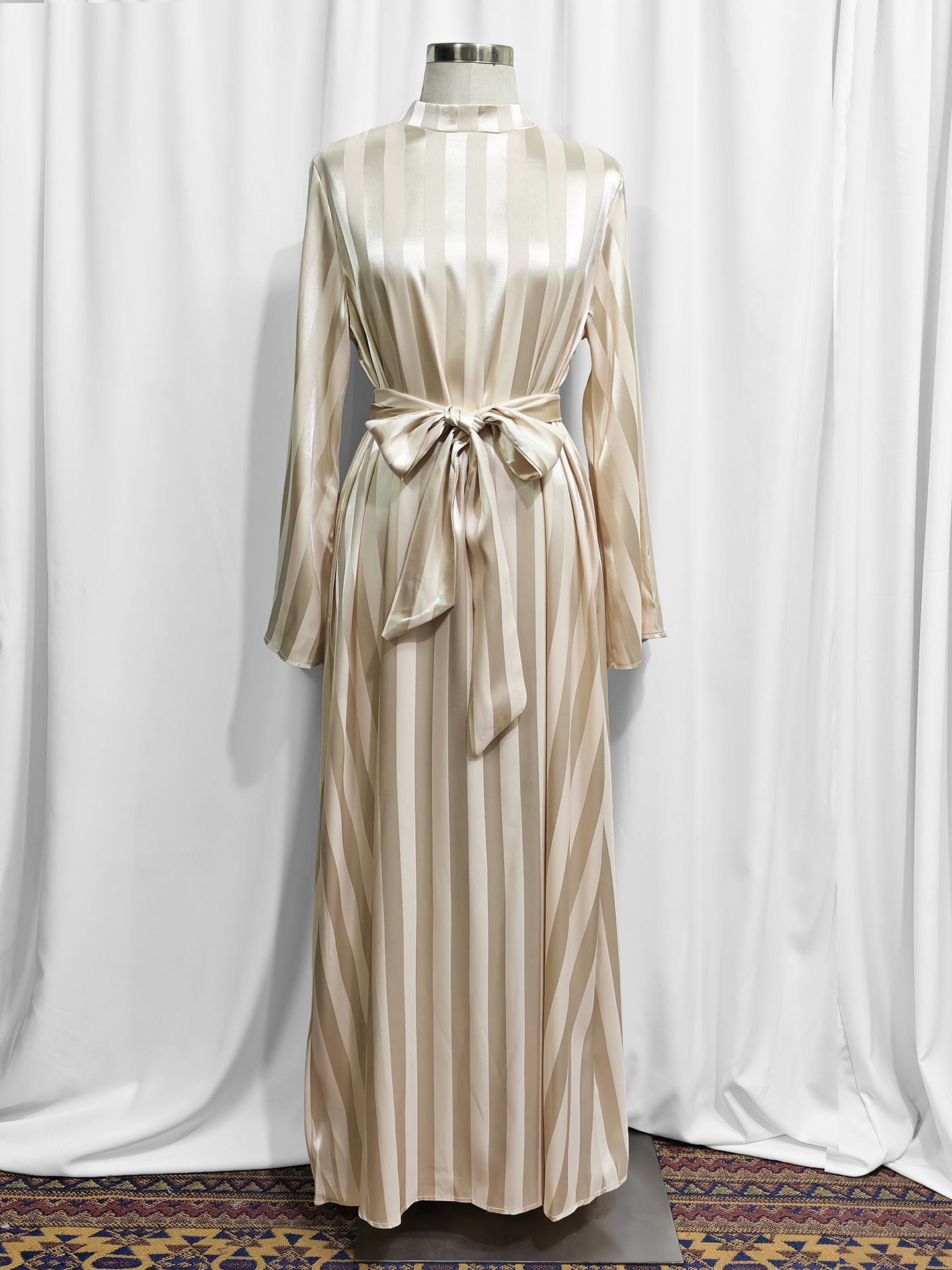 Elegant Satin Jacquard Maxi Dress for Women | Belted High-Waist Modest Fashion Abayaya Elegant Satin Jacquard Maxi Dress for Women | Belted High-Waist Modest Fashion Abayaya