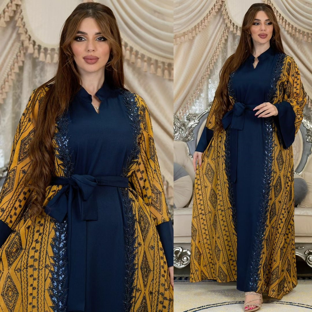 Colorblock Mesh Embroidered Beaded Muslim Dress