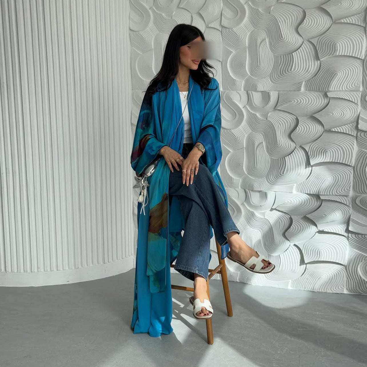 Printed Chiffon Open Abaya Cardigan Two Piece Set with Hijab