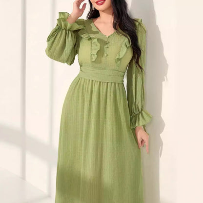 Women's V-neck Trim Waist Green Dress