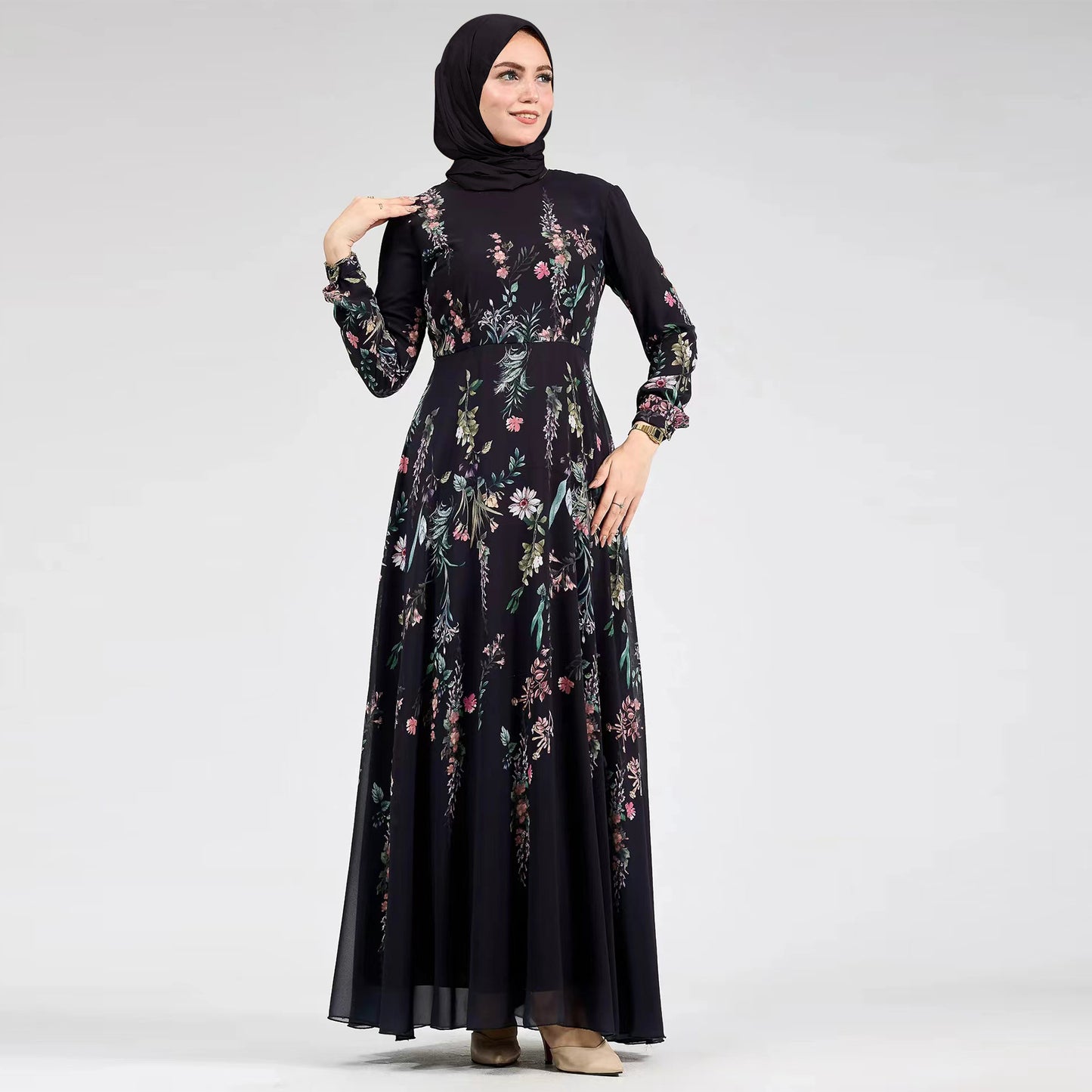 Black Floral Muslim Modest Chiffon Maxi Day Dress