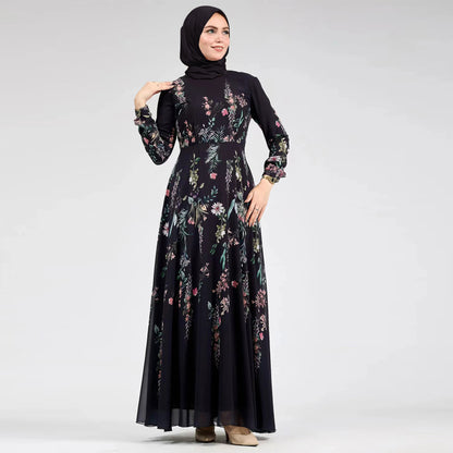 Black Floral Muslim Modest Chiffon Maxi Day Dress