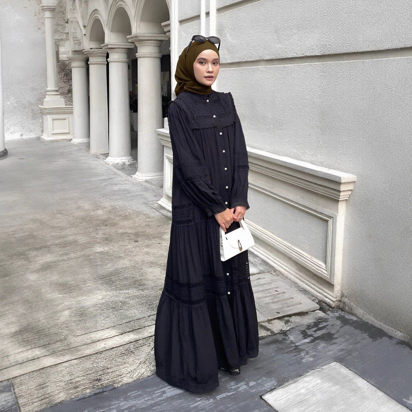 Elegant Ruffle-Trim Long Sleeve Maxi Dress