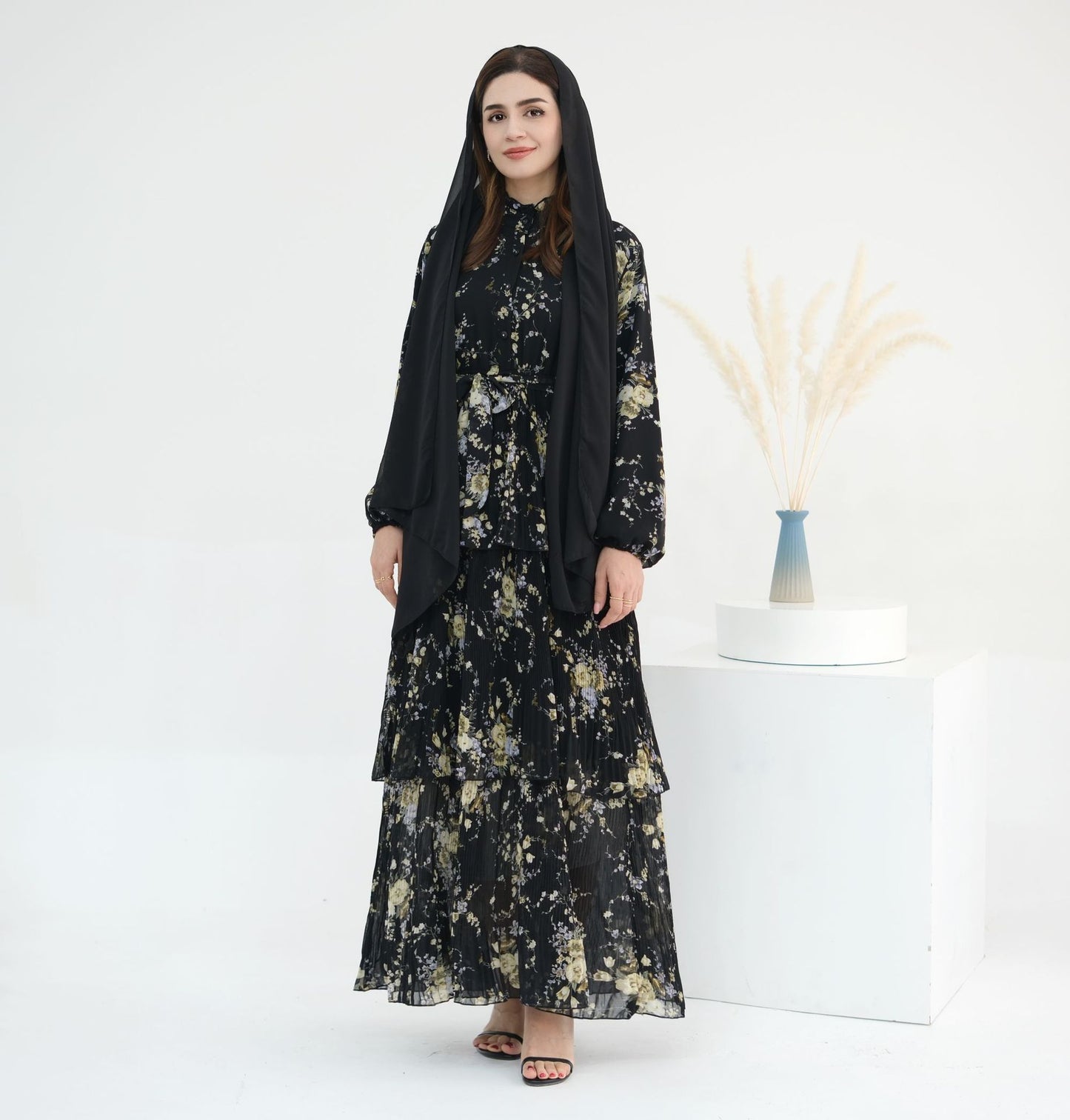 Floral Printed Islamic Modest Belted Tiered Maxi Dress