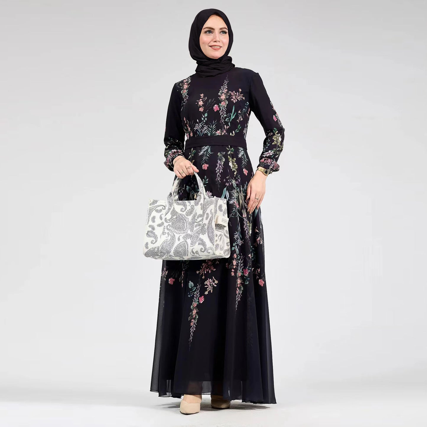Black Floral Muslim Modest Chiffon Maxi Day Dress