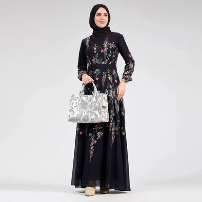 Black Floral Muslim Modest Chiffon Maxi Day Dress
