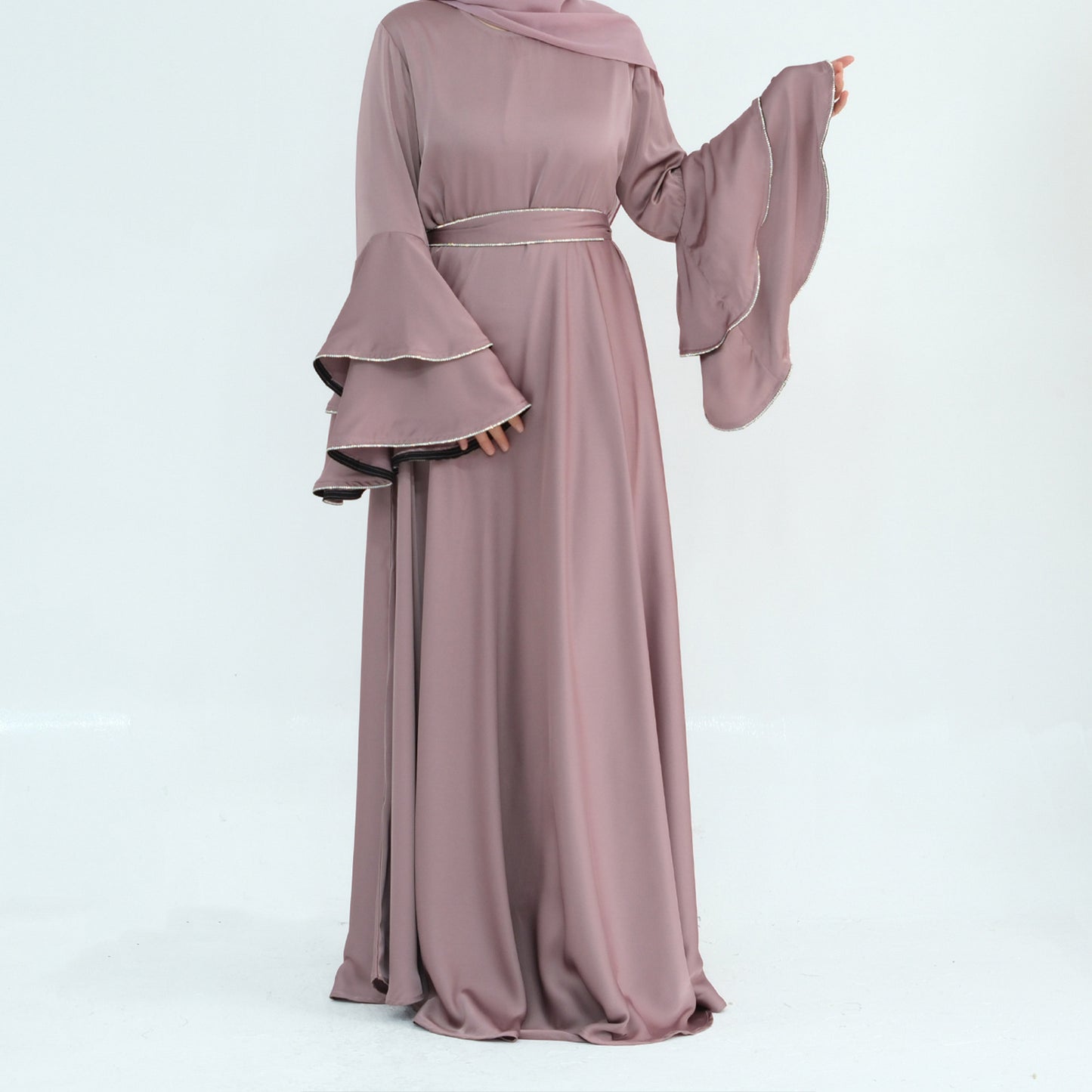 Beaded Nida Double-Layer Flare Sleeve Luxury Modest Maxi Dress